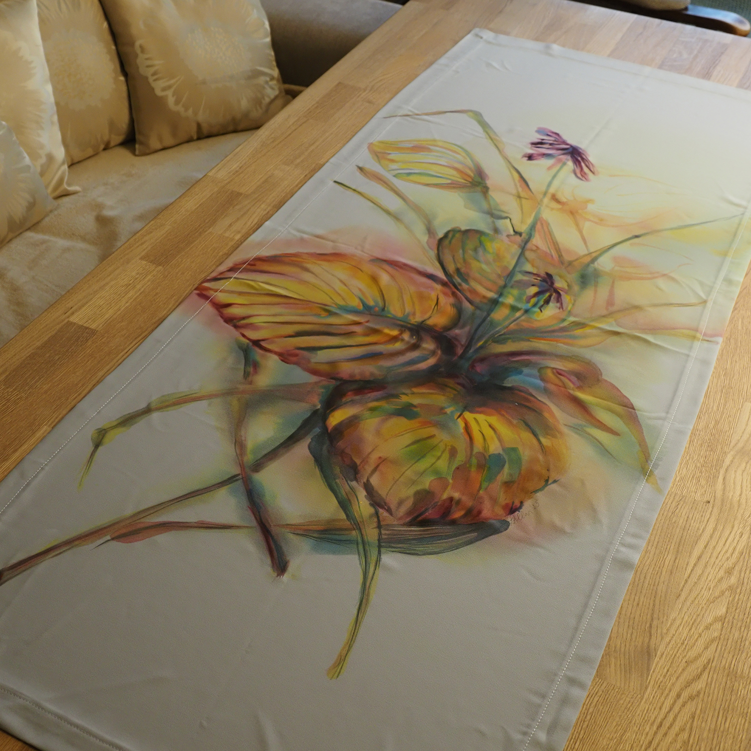 Hand-painted table cloth "Golden Hosta" (58*145 cm) - Image 8