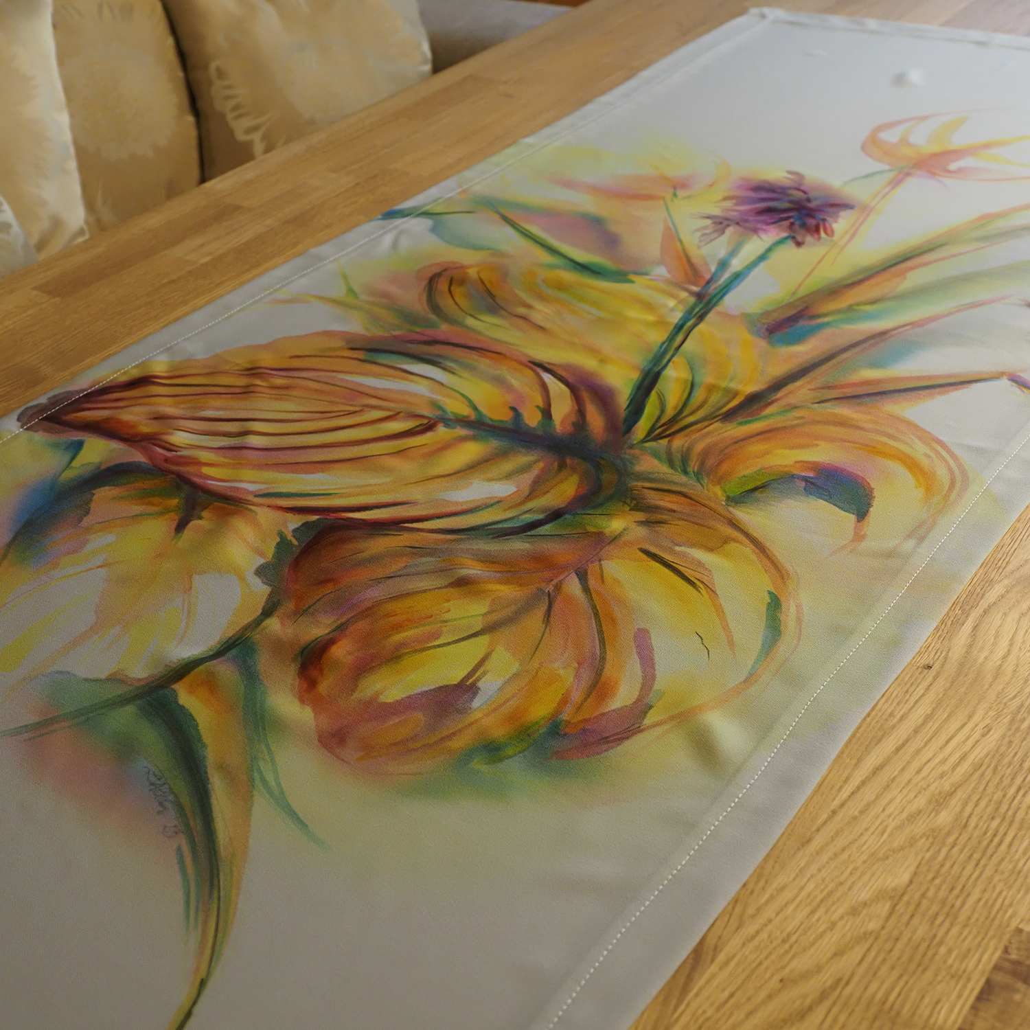 Hand-painted table cloth "Golden Hosta" (58*145 cm) - Image 4
