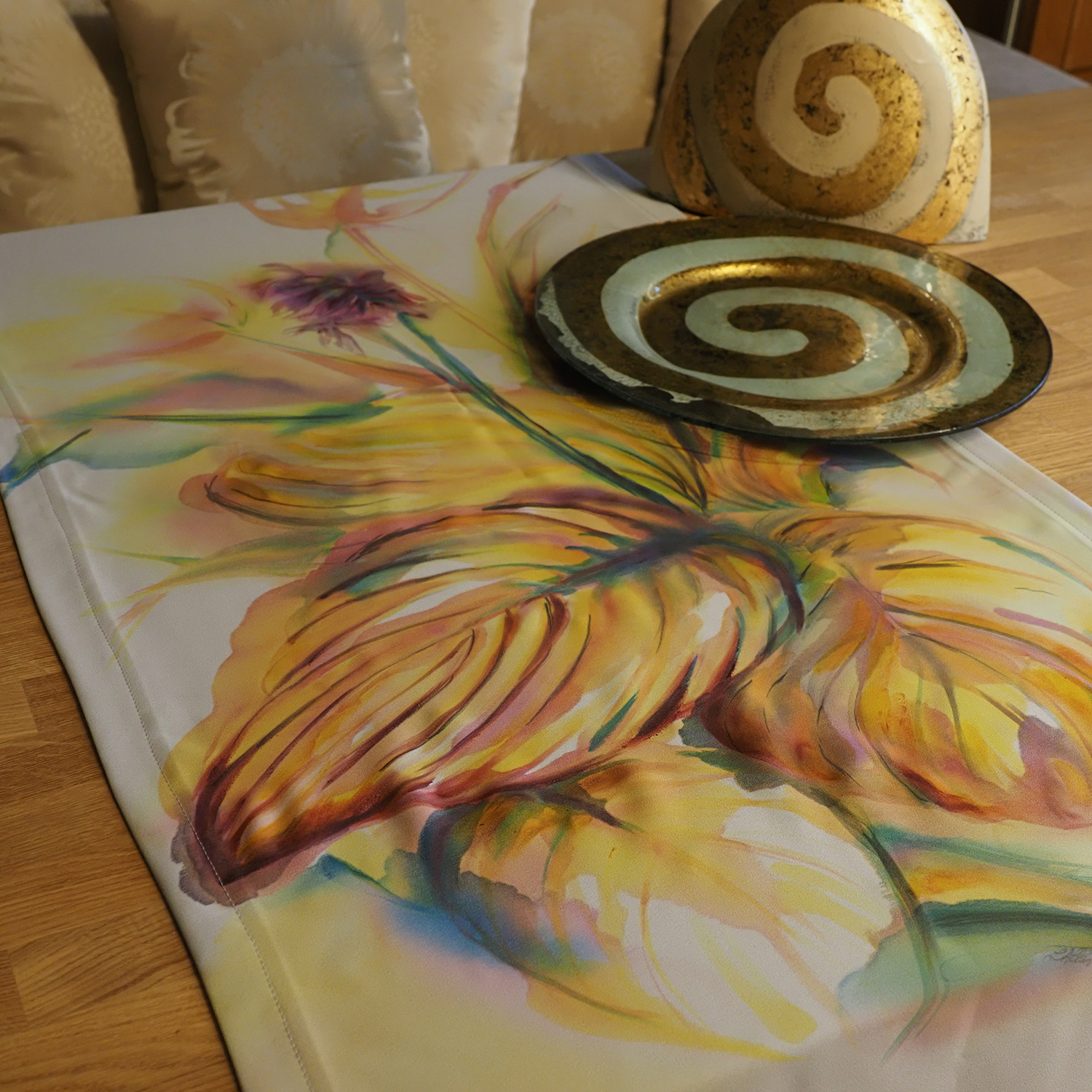 Hand-painted table cloth "Golden Hosta" (58*145 cm) - Image 3